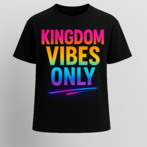 Black Righteous Remnants Kingdom Vibes Only Luxury T-Shirt black with vibrant rainbow-gradient puff print text and modern Christian streetwear design.