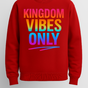 Crimson Righteous Remnants Kingdom Vibes Only Luxury Sweatshirt with rainbow-gradient puff-print text and gold Double R halo logo on the hem.