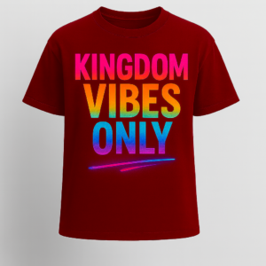 Crimson Righteous Remnants Kingdom Vibes Only Luxury T-Shirt with rainbow gradient puff-print lettering and modern Christian streetwear design.