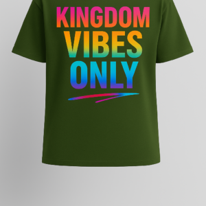 Olive green Righteous Remnants Kingdom Vibes Only Luxury T-Shirt with rainbow-gradient puff-print text and gold Double R halo logo.