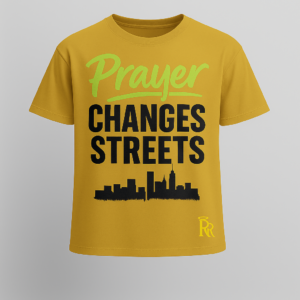 Gold Righteous Remnants Prayer Changes Streets Luxury T-Shirt with black and white puff print text, skyline graphic, and metallic Double R halo logo.