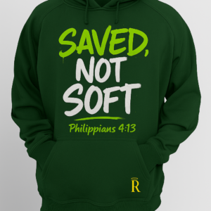 Luxury dark green Christian hoodie from Righteous Remnants. “Saved, Not Soft” graffiti design with Philippians 4:13 and gold Double R halo logo