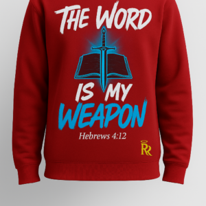 Crimson Red Righteous Remnants “The Word Is My Weapon” Luxury Sweatshirt featuring white and blue text with a glowing sword and open Bible design.