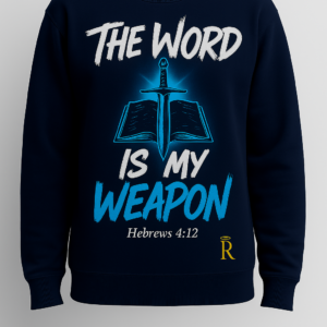 Navy Blue Righteous Remnants “The Word Is My Weapon” Luxury Sweatshirt featuring white and blue text with a glowing sword and open Bible design.